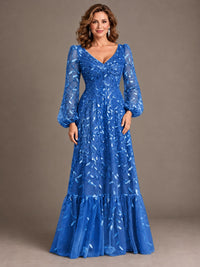 Floral Sequin Embroidered A-Line Mother of the Bride Dress with Long Sleeves