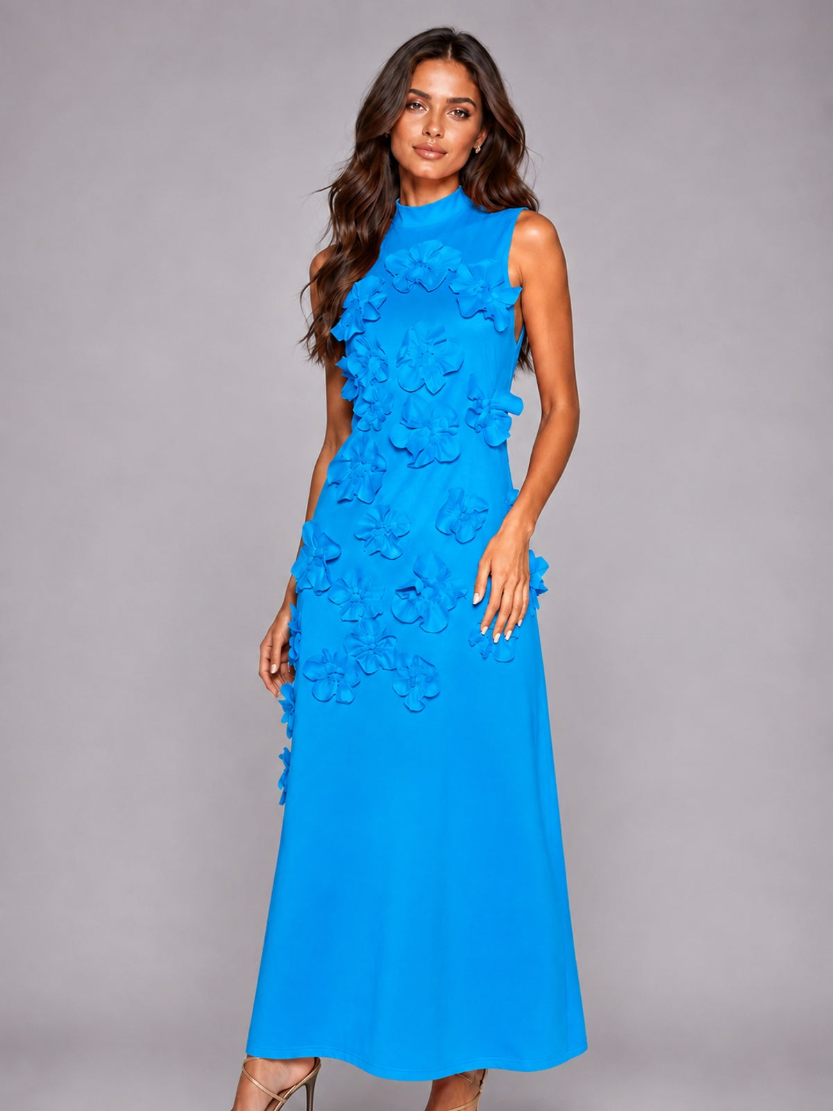 3D Floral Applique High Neck Prom Maxi Dress