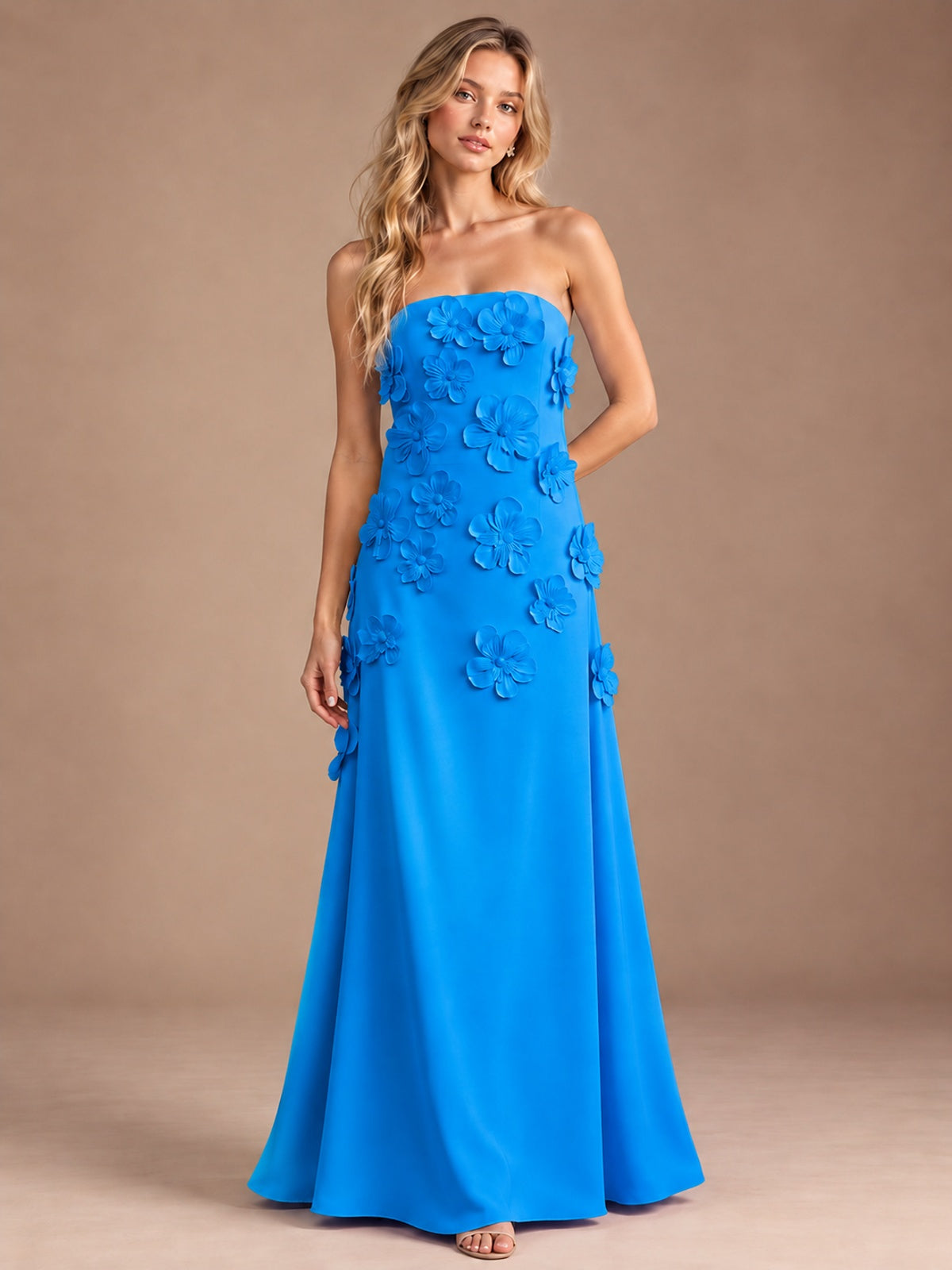 Blue-Strapless 3D Floral A-line Satin Prom Maxi Dress Formal Evening Gown