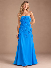 Blue-Strapless 3D Floral A-line Satin Prom Maxi Dress Formal Evening Gown