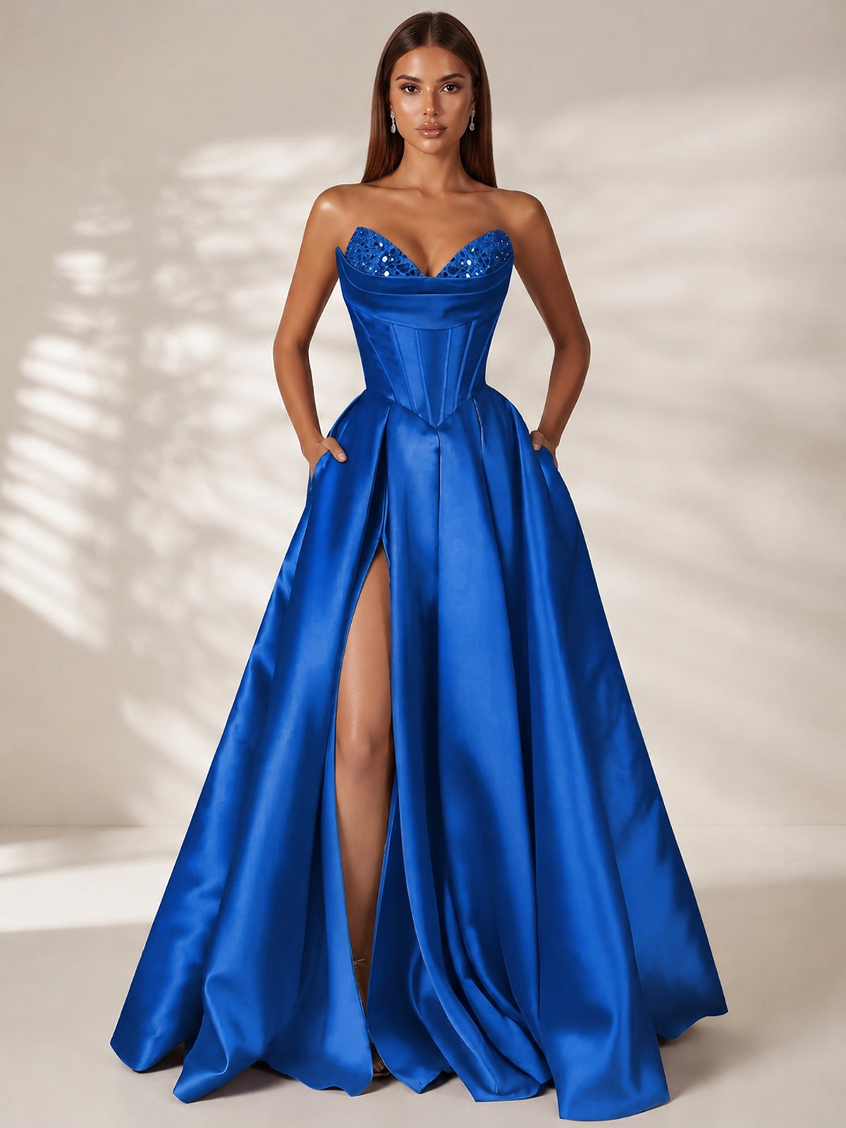 Blue Strapless Corset Satin Prom Dress Long Evening Gown with High Slit