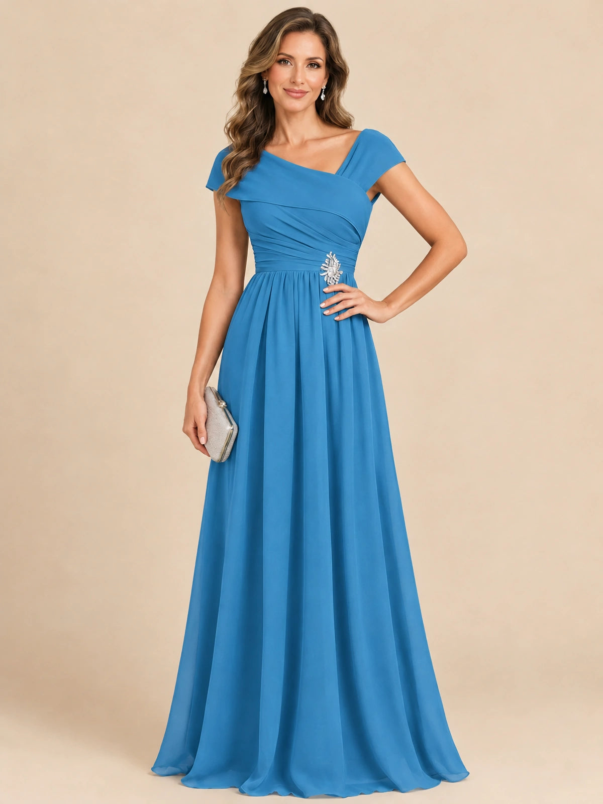 Cap Sleeve Mother of The Bride Dresses Long Chiffon Formal Gowns