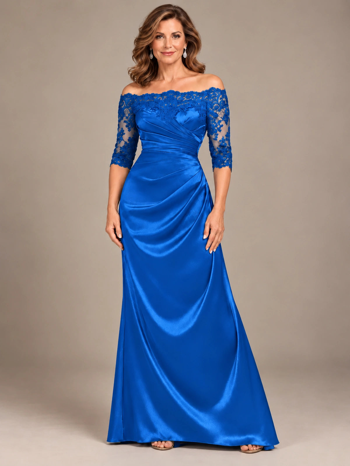 Satin Mother of the Bride Dress with Lace Sleeves Off Shoulder Formal Gown