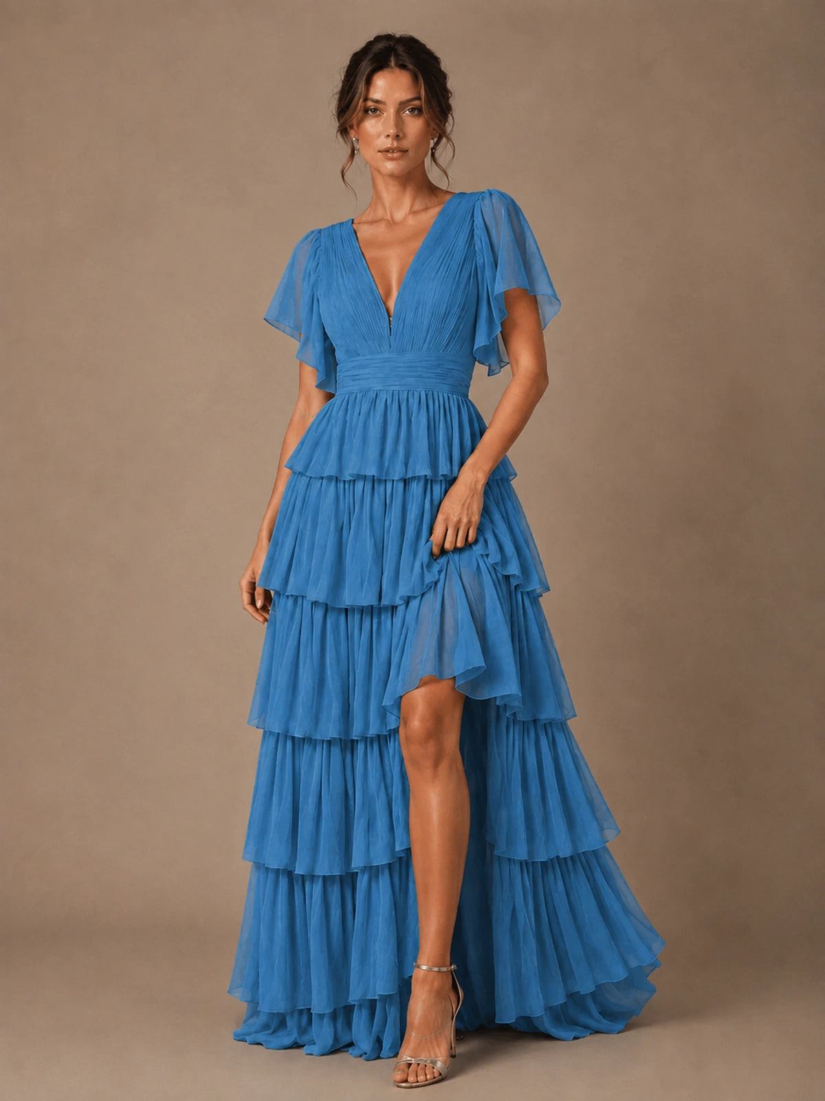 Chiffon V-Neck Tiered Ruffle Bridesmaid Dress with Slit