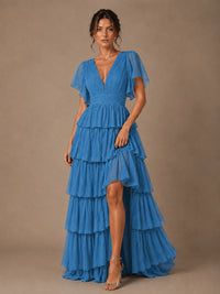 Chiffon V-Neck Tiered Ruffle Bridesmaid Dress with Slit