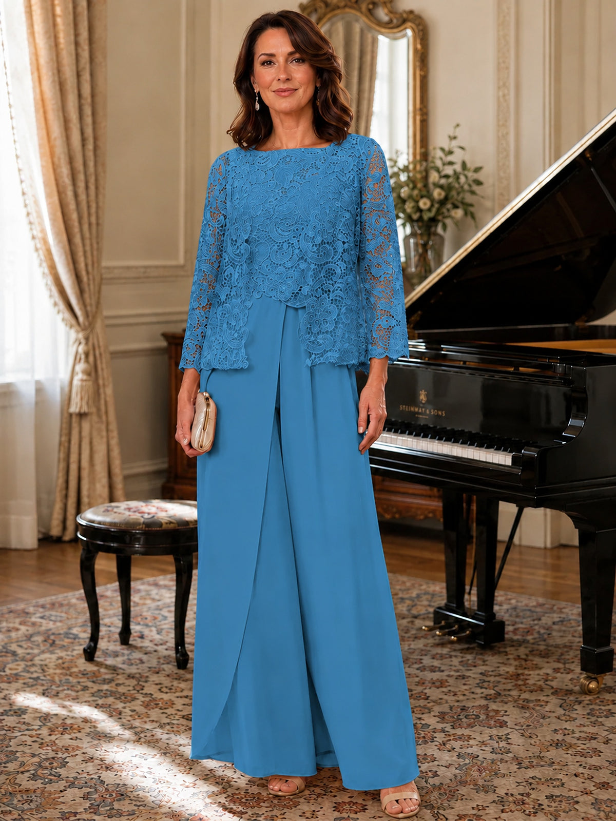 Elegant 3-Piece Chiffon Mother of the Bride Pantsuit with Floral Applique Jacket