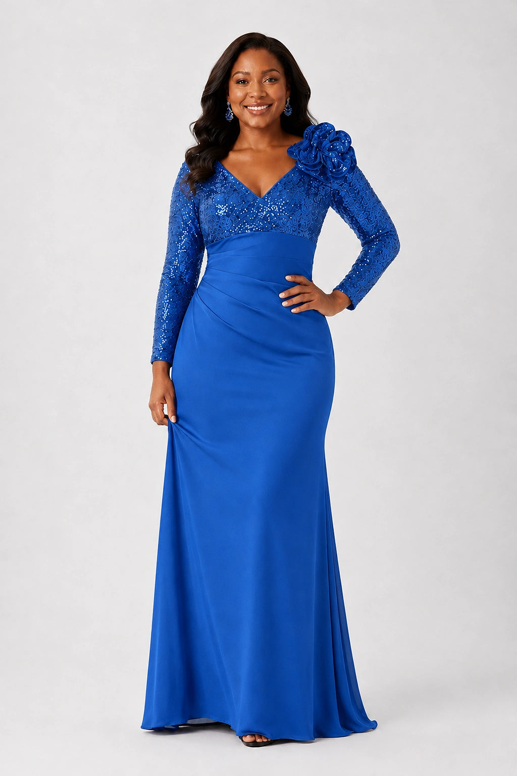 Sequin Mother of the Bride Dress with Long Sleeves 3D Floral V-Neck Gown