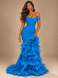 Dusty Blue Off-the-Shoulder Mermaid Prom Dress with 3D Rose & Ruffles