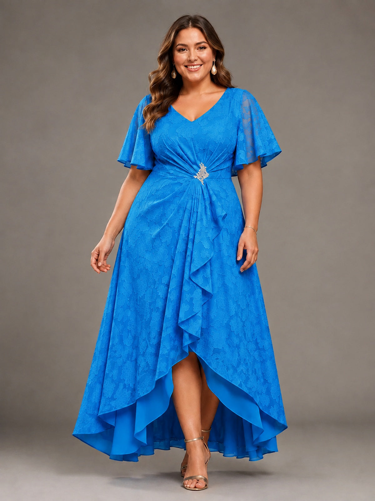 Jacquard Chiffon A-Line V-Neck High-Low Mother of the Bride Dress