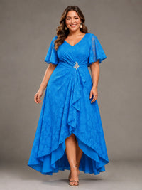 Jacquard Chiffon A-Line V-Neck High-Low Mother of the Bride Dress