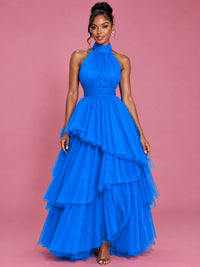 Hot Pink Tulle Halter Neck Tiered Ruffle Maxi Dress