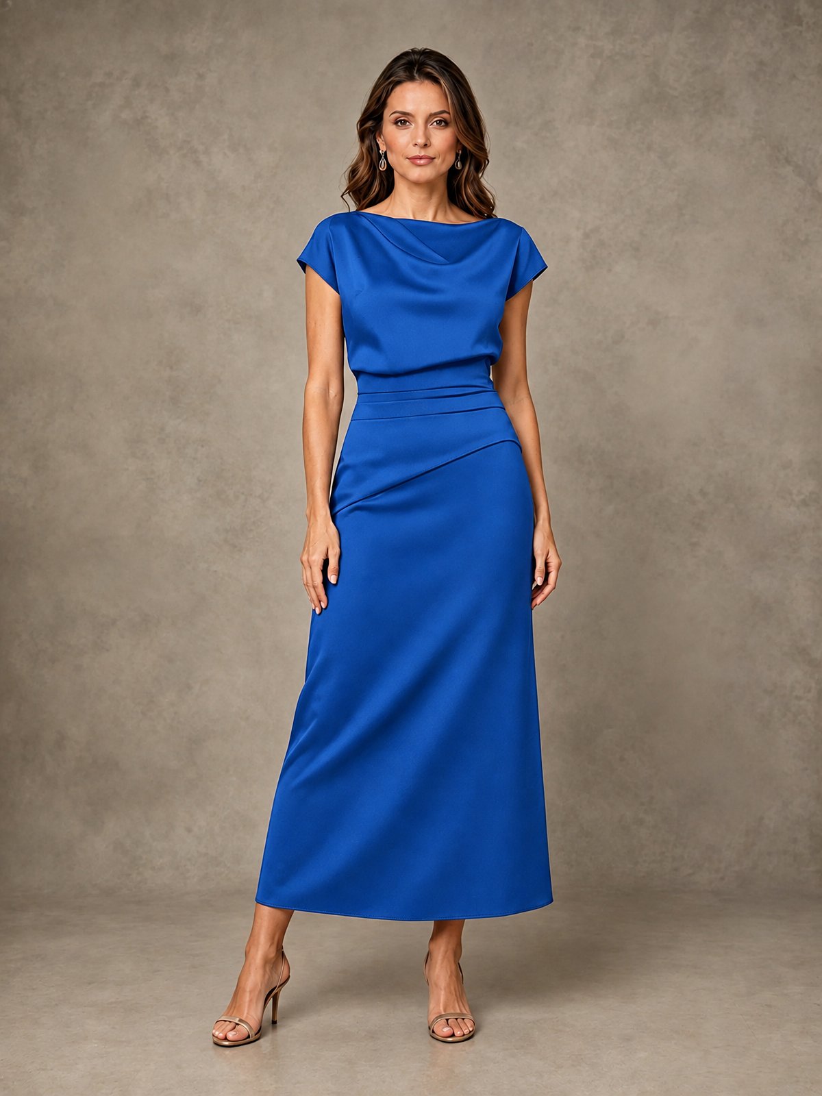 Cowl Neck Satin Mother of the Bride Dress with Ruched Waist