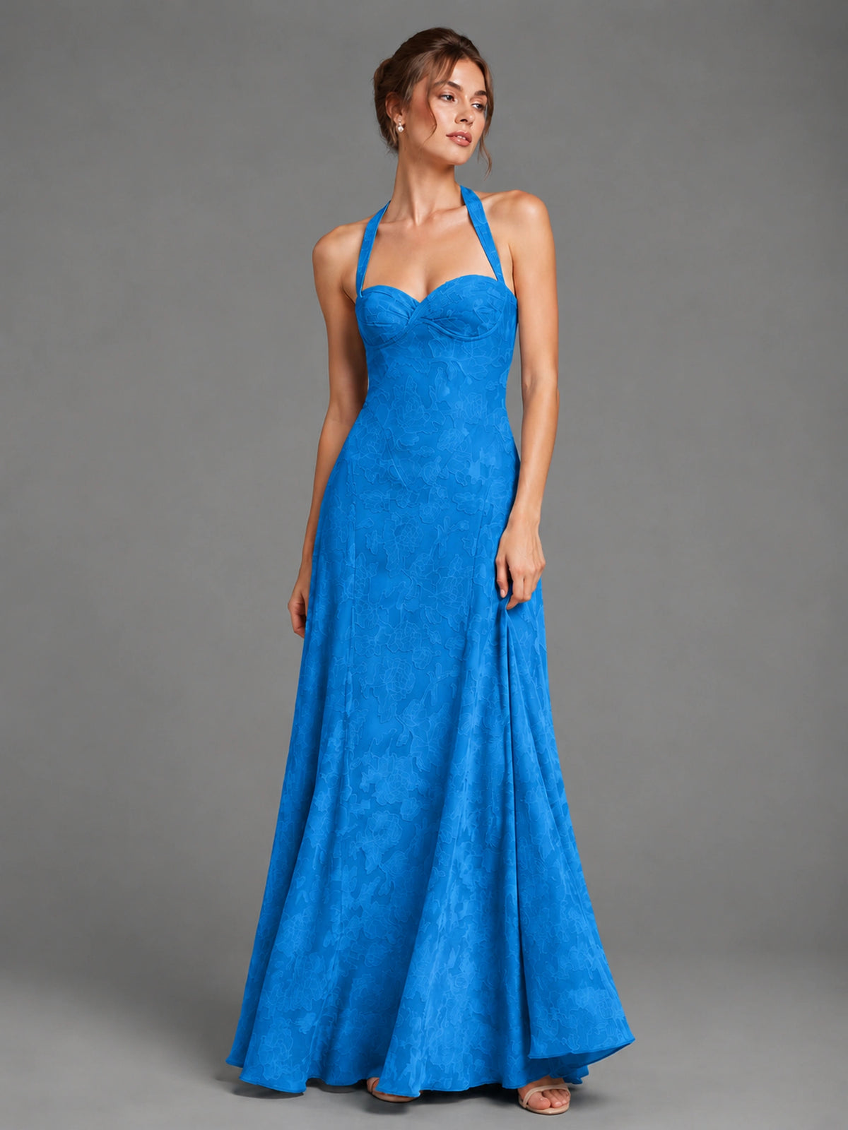 A-Line Halter Floral Chiffon Maxi Dress