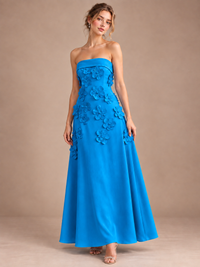 Blue Strapless 3D Floral Appliques Maxi Dress