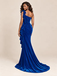 Black Velvet One-Shoulder Mermaid Evening Gown with Bow & Ruffles