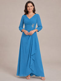 Blue-Long Sleeve Chiffon Beaded Mother of The Bride Dresses for Women