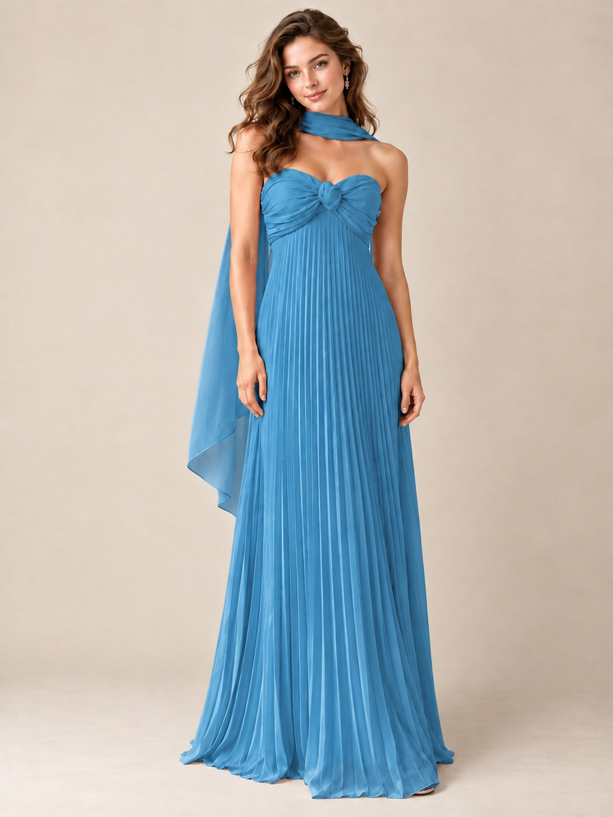Sweetheart Neckline Pleated Prom Dress Strapless A-line Formal Dress with Flowy Scarf