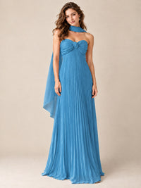Sweetheart Neckline Pleated Prom Dress Strapless A-line Formal Dress with Flowy Scarf