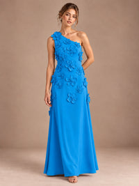Blue- One Shoulder Satin Formal Maxi Dress with 3D Floral
