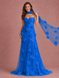 Blush Pink Strapless Sweetheart 3D Floral Tulle Mermaid Prom Dress