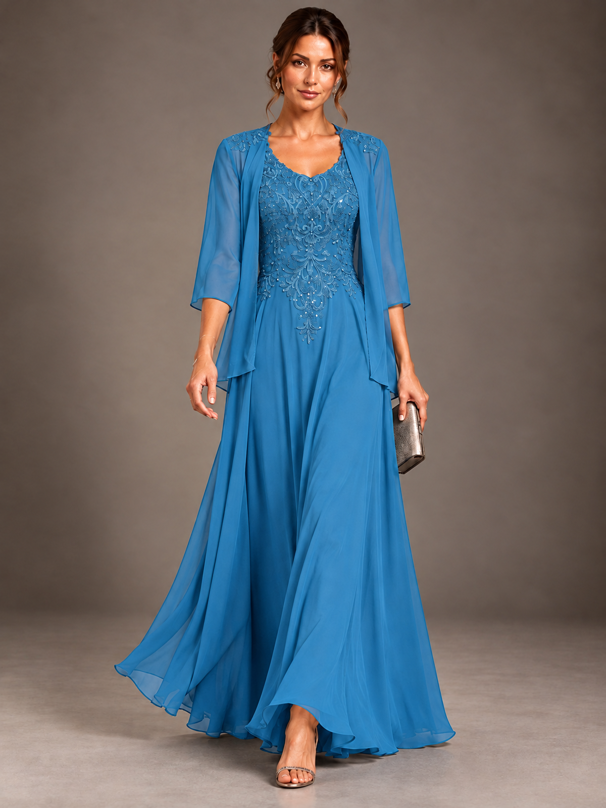 A-line 2 Pieces Chiffon Appliques Mother of The Bride Dresses with Jackets