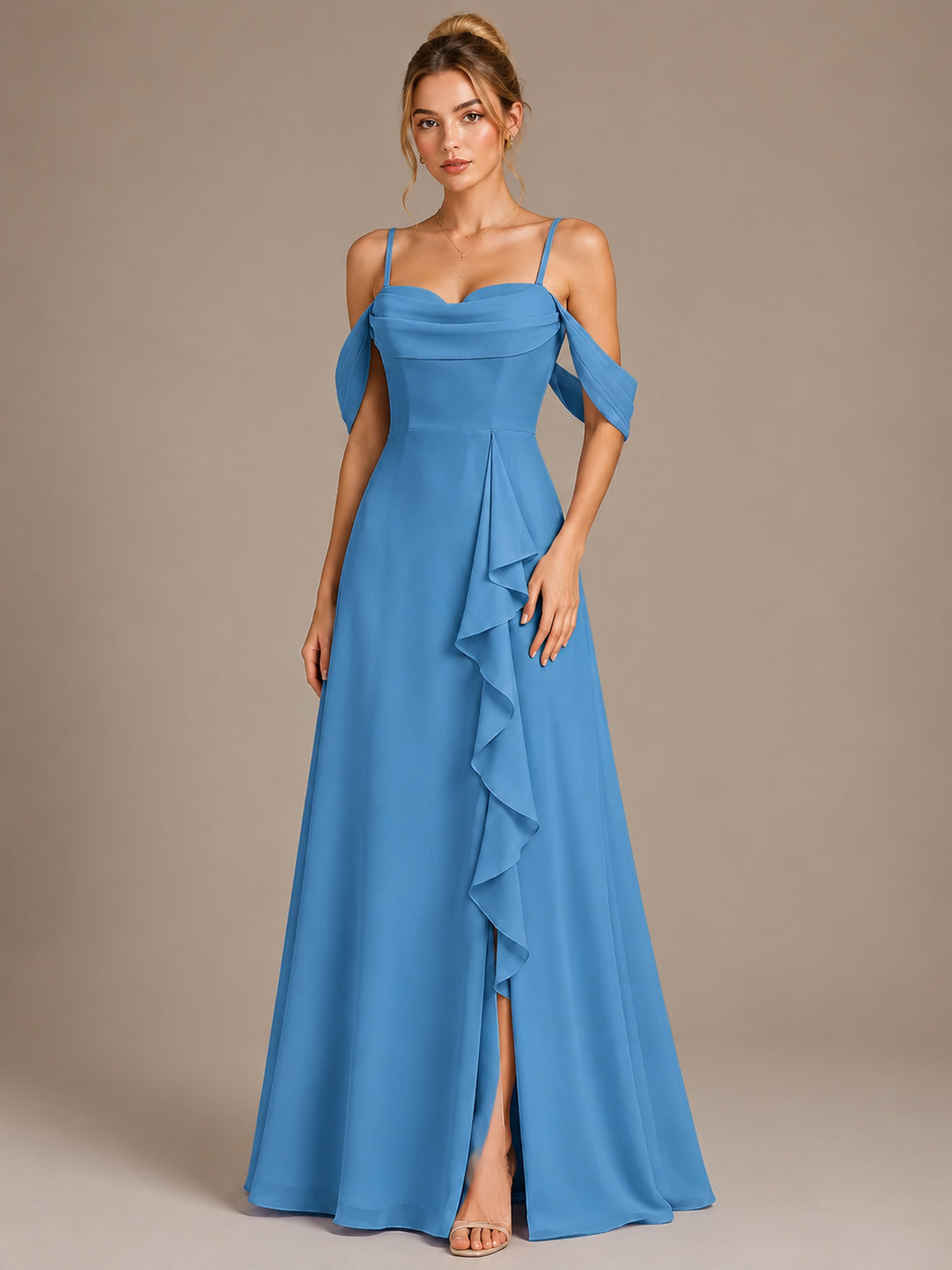 Spaghetti Strap Chiffon Bridesmaid Dress with Ruffles Slit