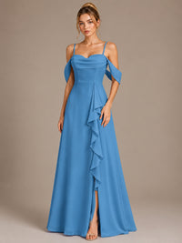 Spaghetti Strap Chiffon Bridesmaid Dress with Ruffles Slit