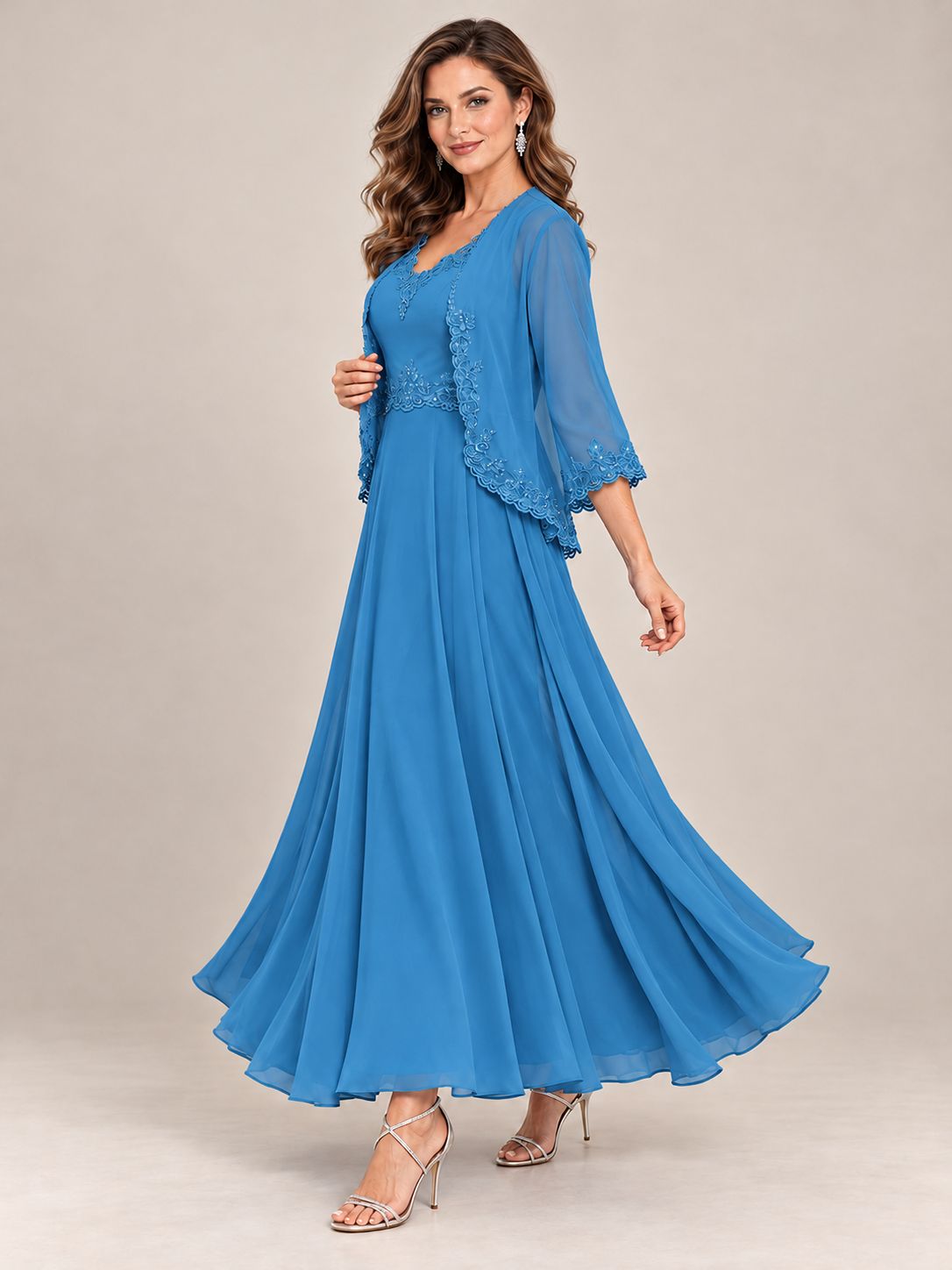 Dusty Blue Floral Lace Chiffon Mother of the Bride Dress with Jacket