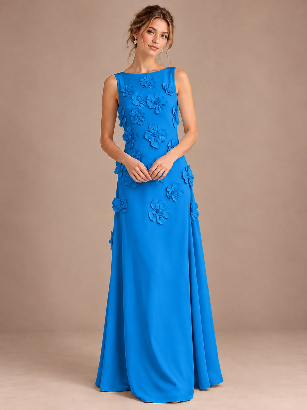 3D Floral Applique Sleeveless Formal Maxi Dress