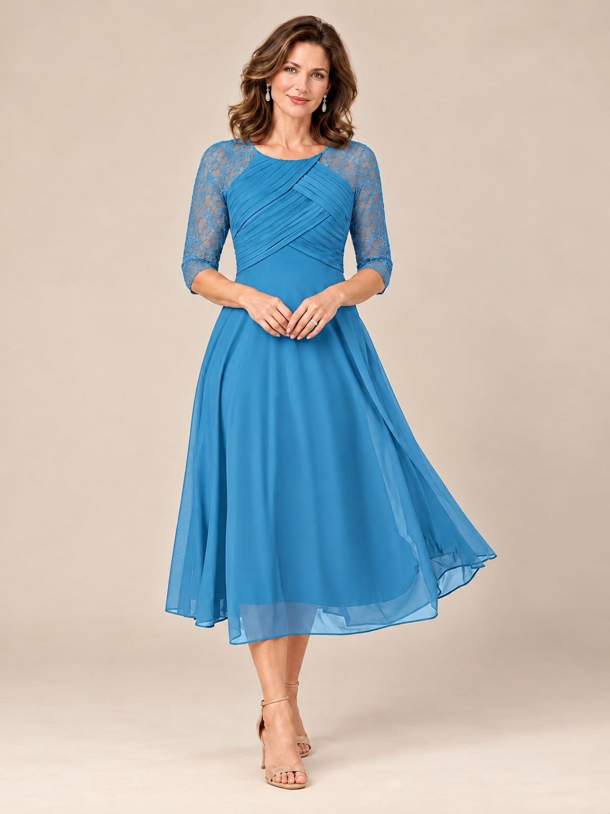 Blue-Lace Applique Pleated Tea Length Mother of The Bride Dresses