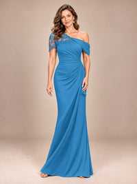 Blue-Lace One Shoulder Chiffon Ruched Mother of The Bride Dresses
