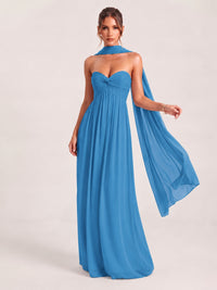 Blue Strapless Ruched Chiffon Long Prom Dress with Scarf A-line Sweetheart Ruffled Formal Wedding Guest Dress Evening Gown