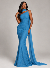 Pleated Chiffon Lace Prom Dresses Long Bodycon Mermaid with Scarf