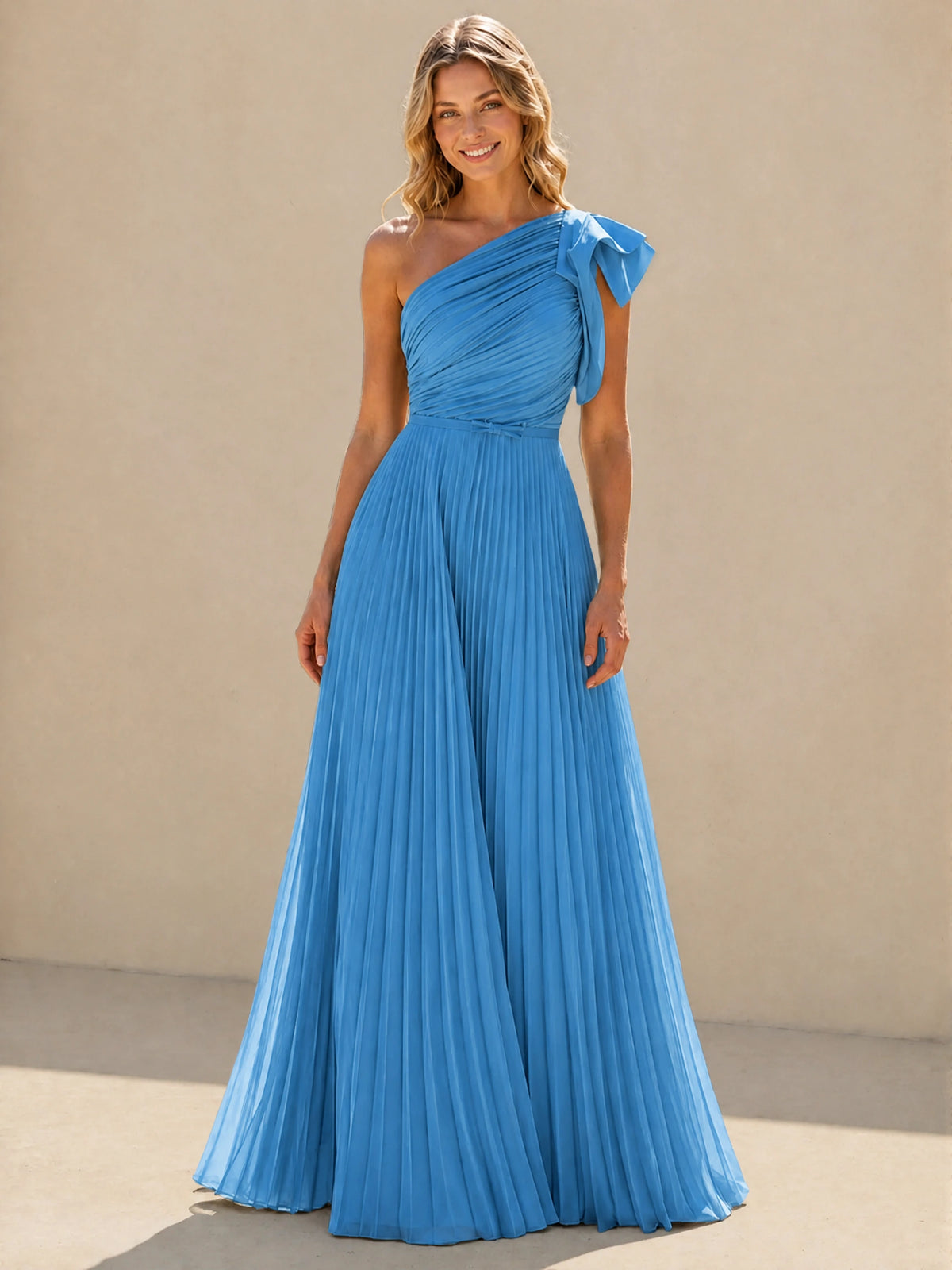 One Shoulder Pleated Chiffon A-Line Floor-Length Bridesmaid Dress