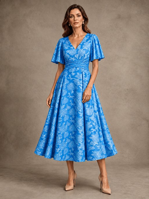 V-Neck Floral Jacquard Tea-Length Mother of the Bride Dress