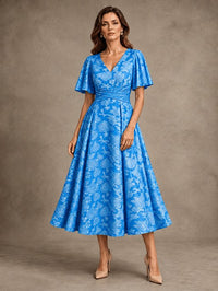 V-Neck Floral Jacquard Tea-Length Mother of the Bride Dress