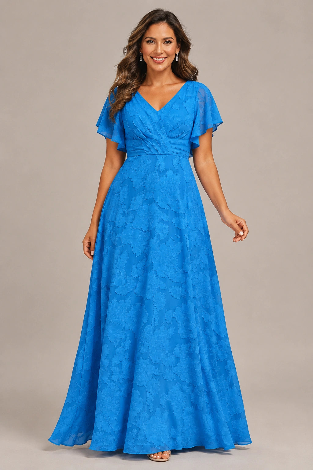 Jovellee Floral Chiffon A-Line Mother of the Bride Dress with Flutter Sleeves