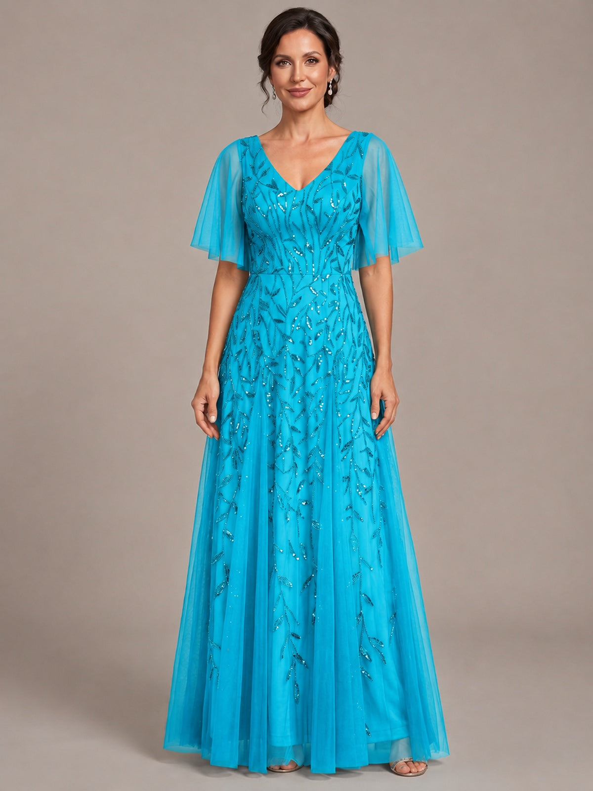 Blue V-Neck Sequin Tulle Mother of the Bride Dress with Flutter Sleeve A-line Evening Formal Wedding Guest Dress