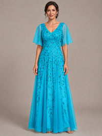 Blue V-Neck Sequin Tulle Mother of the Bride Dress with Flutter Sleeve A-line Evening Formal Wedding Guest Dress