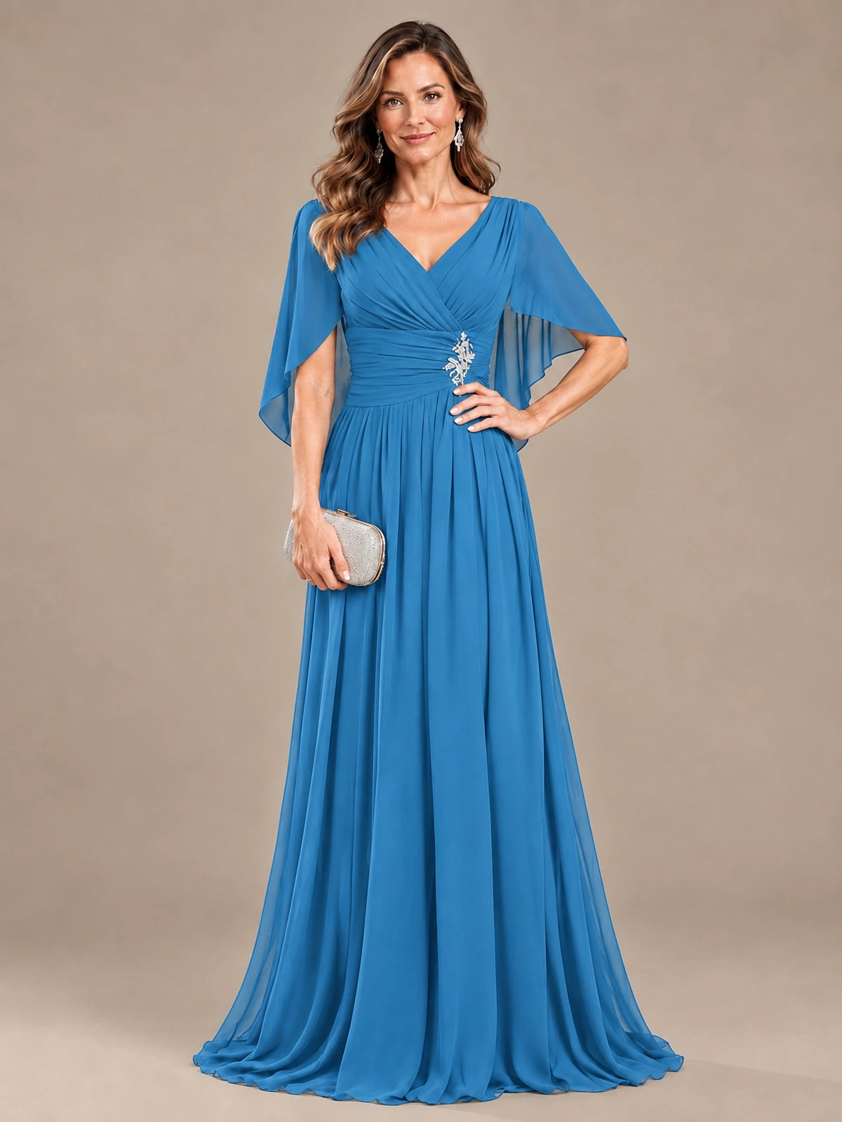 Ruched V Neck Mother of The Bride Dresses with Shawls Appliques and Cap Sleeves