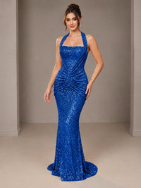 Blue Halter Sequin Mermiad Ruched Prom Dress Long Ruched Eveing Gown