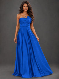 Draped Satin Prom Dress Strapless A-line Formal Dress Floor Length