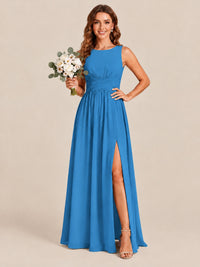 A-line Sleeveless Rucehd Chiffon Bridesmaid Dress with High Slit