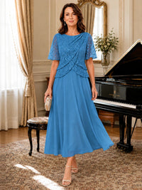 Tea-Length Chiffon Mother of the Bride Dress with Sequin Lace Sleeves