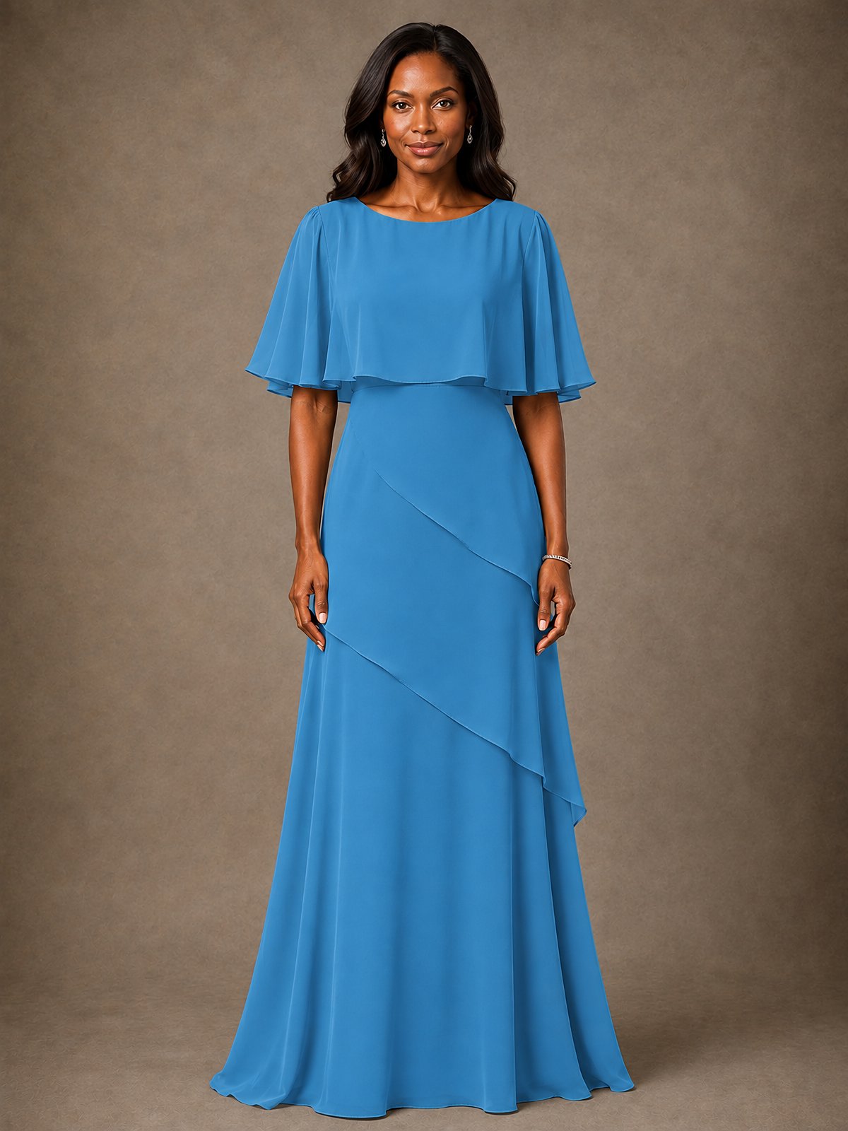 Taupe Chiffon A-Line Mother of the Bride Dress with Cape Sleeves