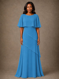 Taupe Chiffon A-Line Mother of the Bride Dress with Cape Sleeves