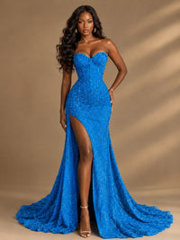 Beaded Sequin Prom Dress Strapless Formal Gowns with High Slit Train