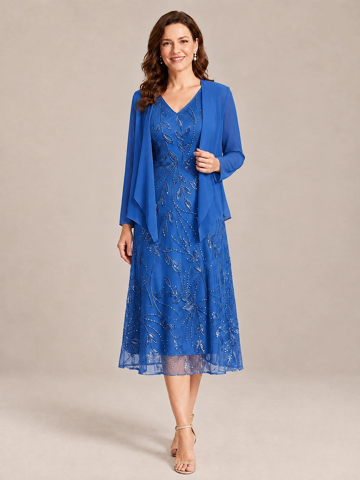 Blue-2 Piece Lace Appliques Chiffon Mother of The Bride Dress with Sequin