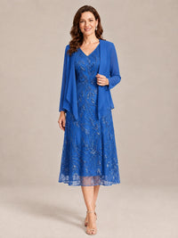 Blue-2 Piece Lace Appliques Chiffon Mother of The Bride Dress with Sequin