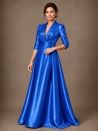 V-Neck Pleated Satin Mother of the Bride Gown with 3/4 Sleeves